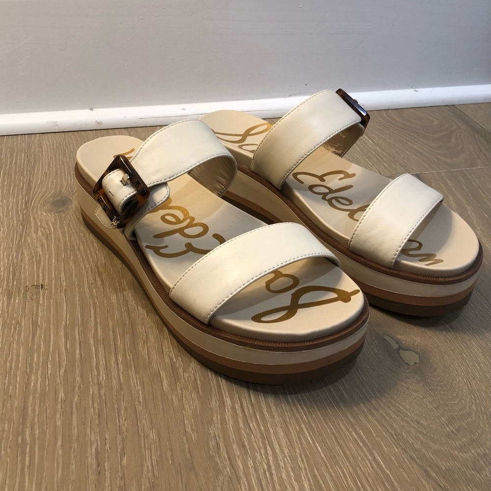 Sam Edelman Augustine Cream Leather Double Strap Platform Sandal